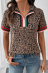 Western Leopard Jacquard Patchwork Half Zip Short Sleeve Blouse