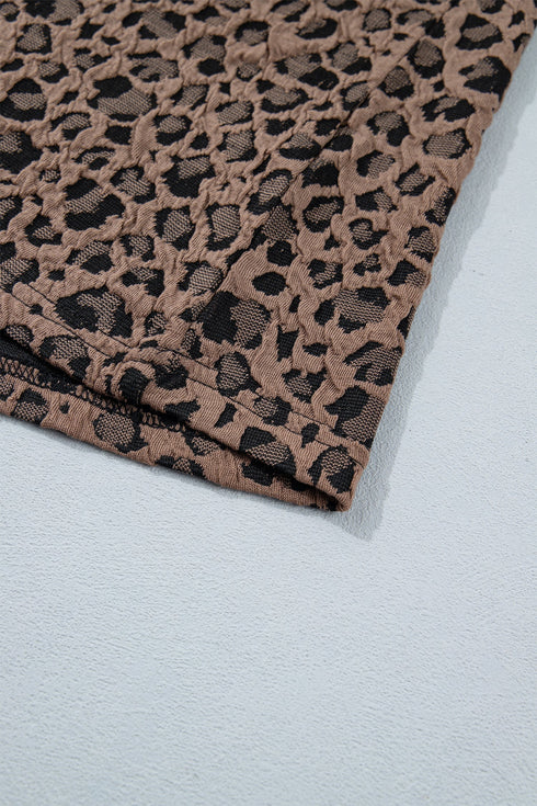 Western Leopard Jacquard Patchwork Half Zip Short Sleeve Blouse