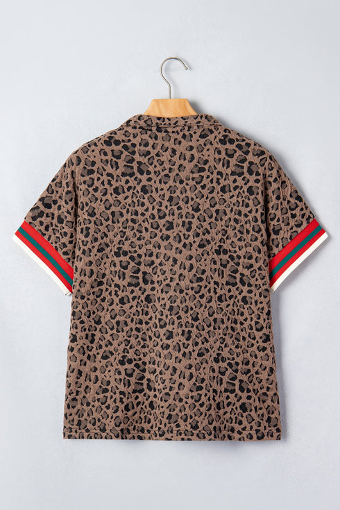 Western Leopard Jacquard Patchwork Half Zip Short Sleeve Blouse