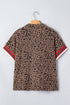Western Leopard Jacquard Patchwork Half Zip Short Sleeve Blouse
