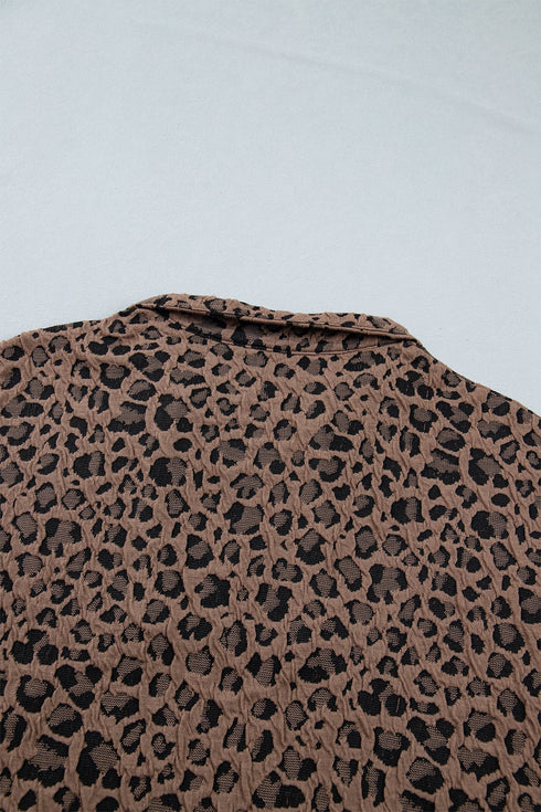 Western Leopard Jacquard Patchwork Half Zip Short Sleeve Blouse