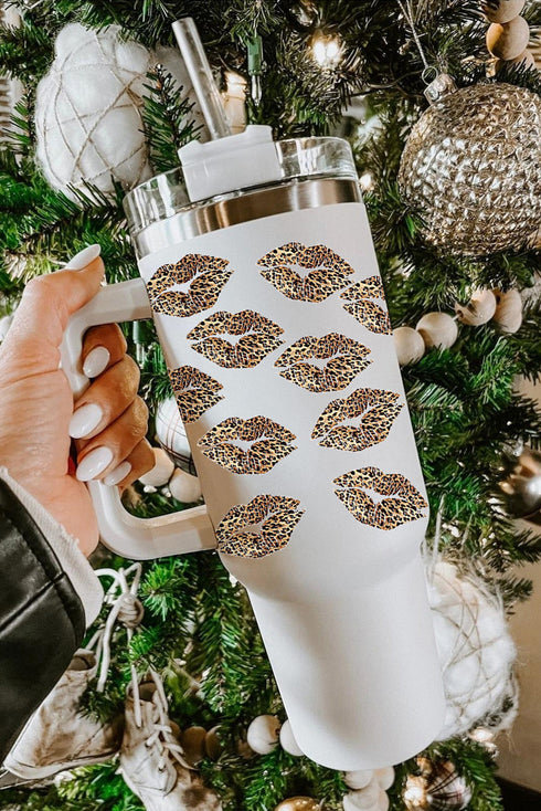 Western Leopard Lips Print Alloy Handle Tumbler