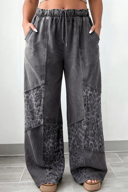 Western Leopard Patchwork Washed Wide Leg Plus Size Bottoms