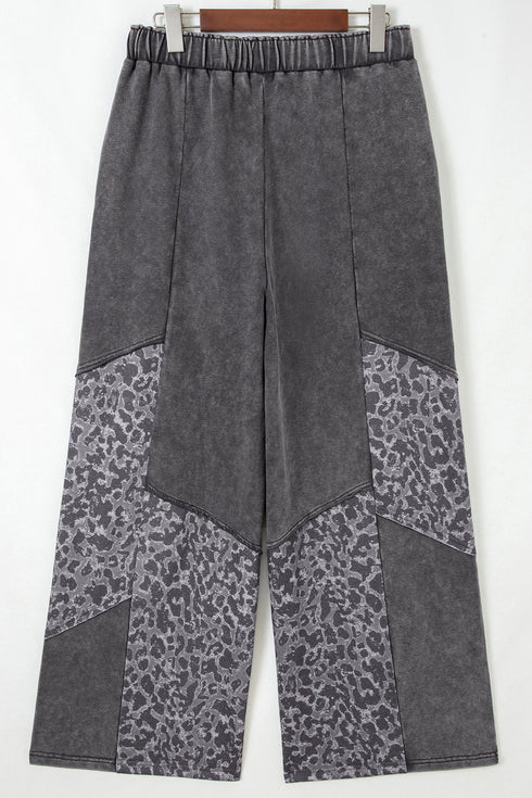 Western Leopard Patchwork Washed Wide Leg Plus Size Bottoms