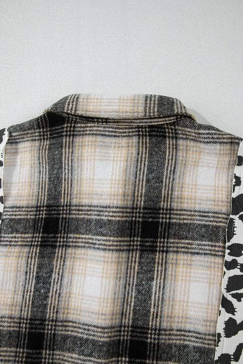 Western Leopard Plaid Patchwork Button Up Plus Size Outerwear