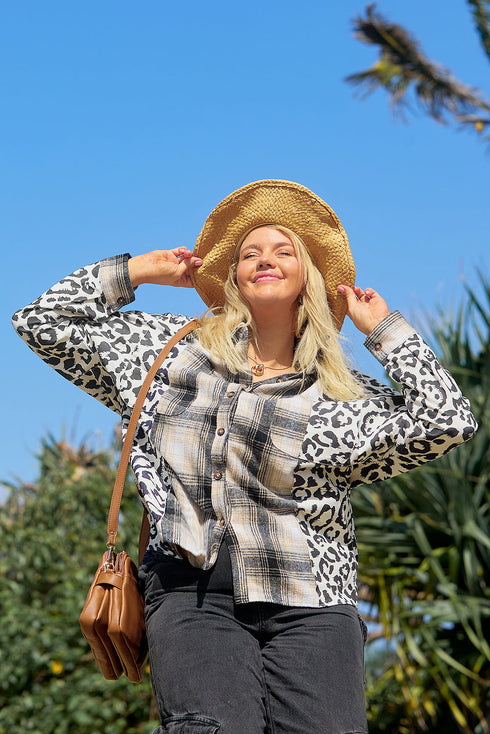 Western Leopard Plaid Patchwork Button Up Plus Size Outerwear