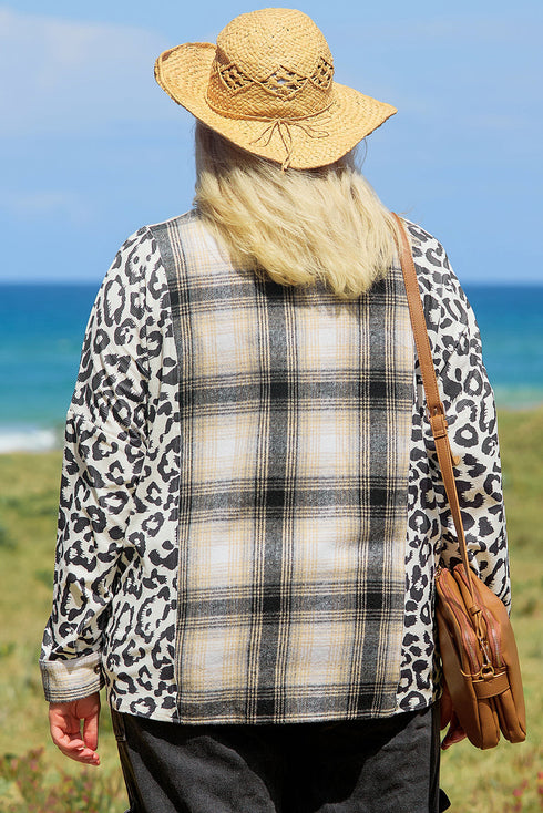 Western Leopard Plaid Patchwork Button Up Plus Size Outerwear