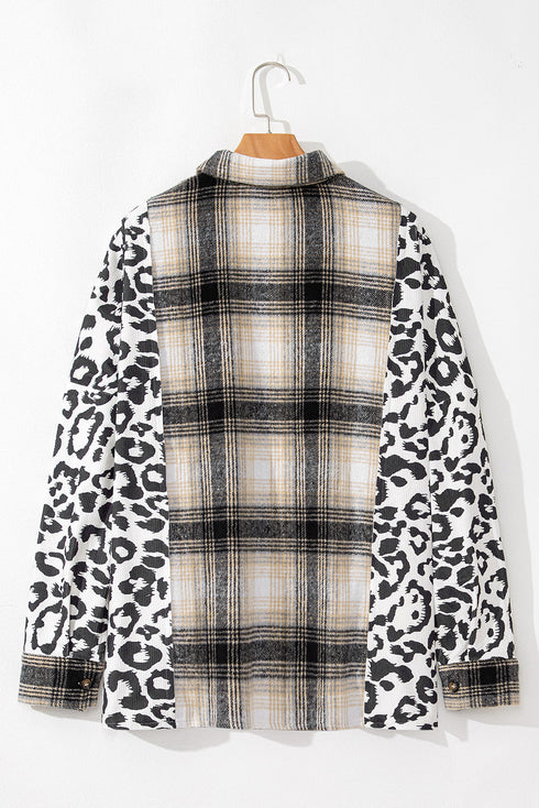 Western Leopard Plaid Patchwork Button Up Plus Size Outerwear