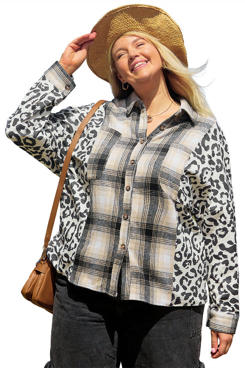 Western Leopard Plaid Patchwork Button Up Plus Size Outerwear
