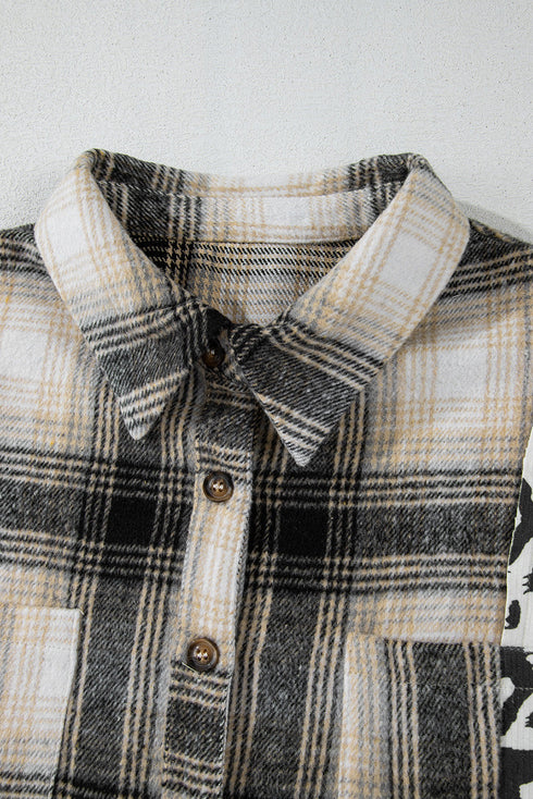 Western Leopard Plaid Patchwork Button Up Plus Size Outerwear
