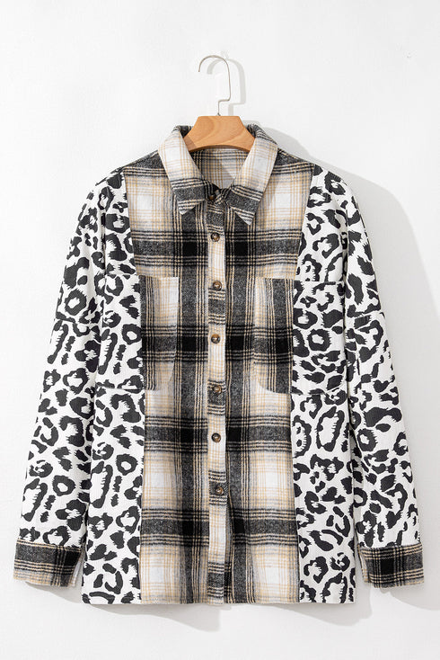 Western Leopard Plaid Patchwork Button Up Plus Size Outerwear