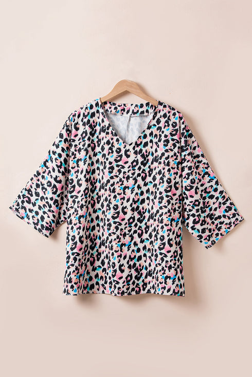 Western Leopard Print Batwing Sleeve Plus Size Top