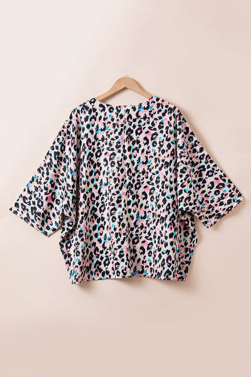 Western Leopard Print Batwing Sleeve Plus Size Top