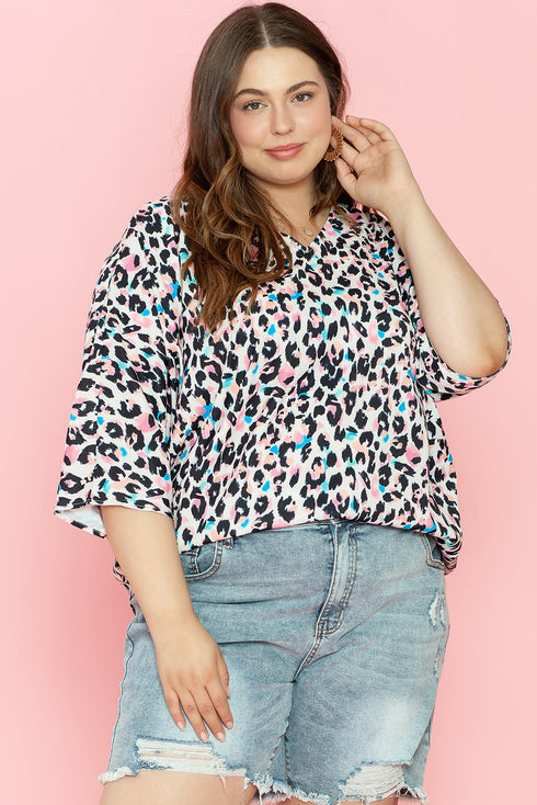 Western Leopard Print Batwing Sleeve Plus Size Top