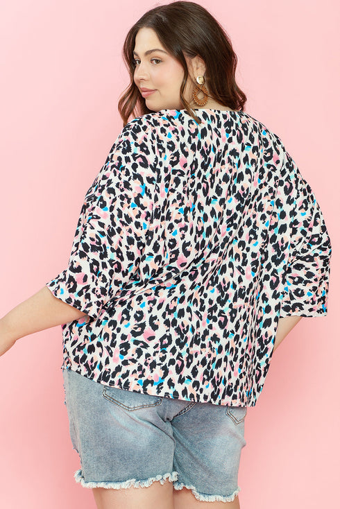Western Leopard Print Batwing Sleeve Plus Size Top