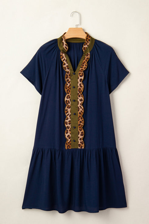 Western Leopard Print Button Detail Short Sleeve Tunic Mini Dress