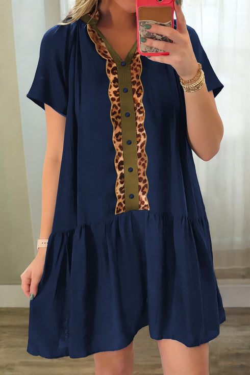Western Leopard Print Button Detail Short Sleeve Tunic Mini Dress