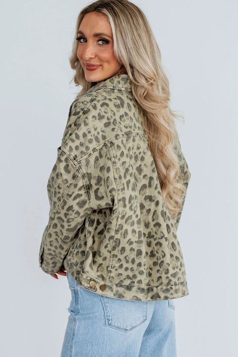 Western Leopard Print Button Down Seam Detail Denim Jacket