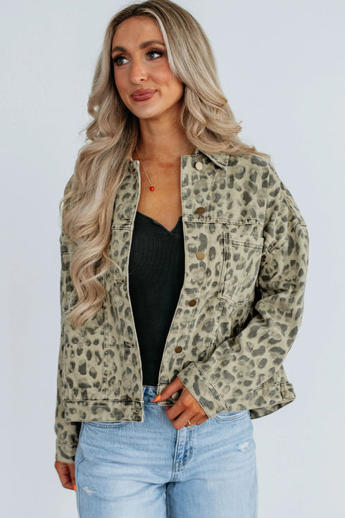Western Leopard Print Button Down Seam Detail Denim Jacket
