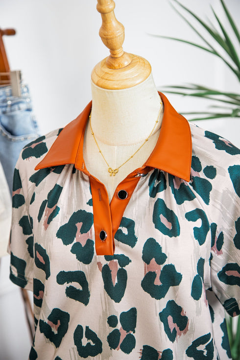 Western Leopard Print Contrast Collar Short Sleeve Blouse