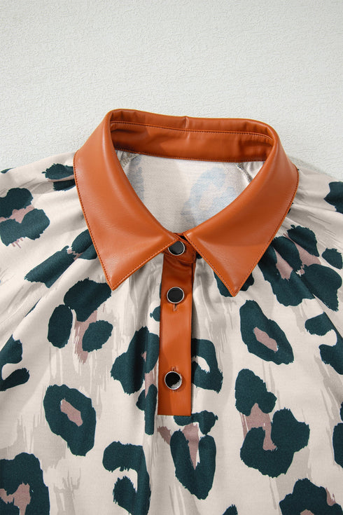 Western Leopard Print Contrast Collar Short Sleeve Blouse