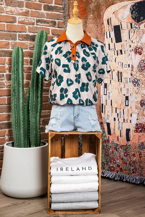 Western Leopard Print Contrast Collar Short Sleeve Blouse