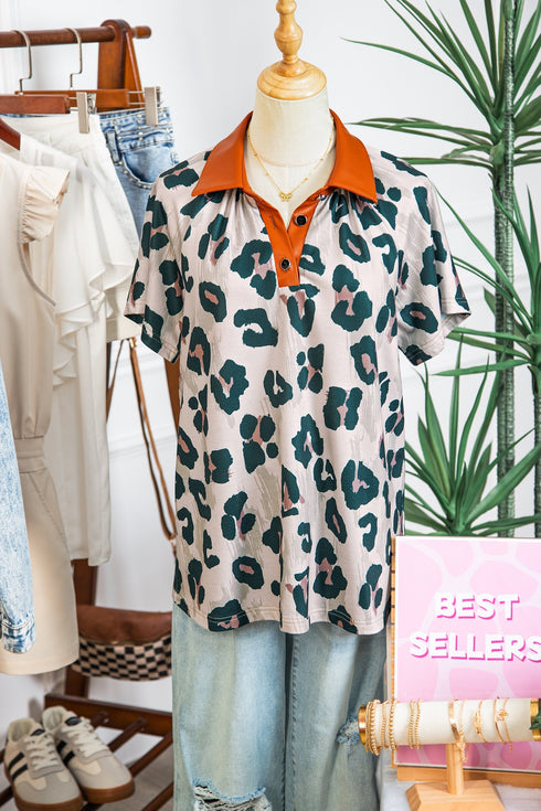 Western Leopard Print Contrast Collar Short Sleeve Blouse