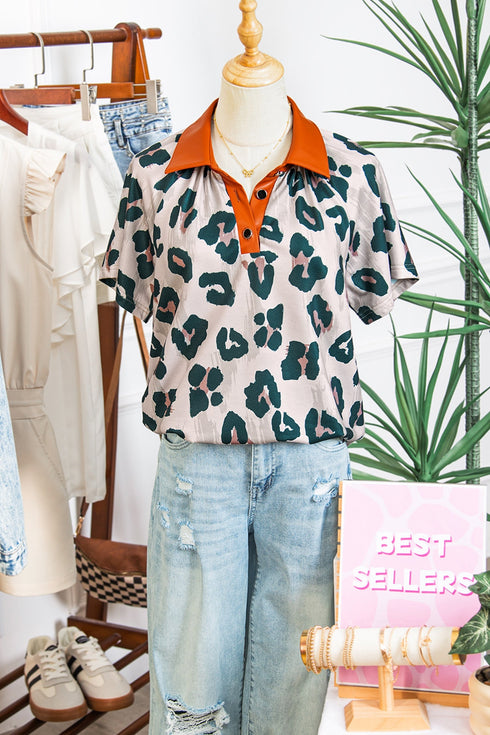 Western Leopard Print Contrast Collar Short Sleeve Blouse