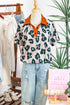 Western Leopard Print Contrast Collar Short Sleeve Blouse
