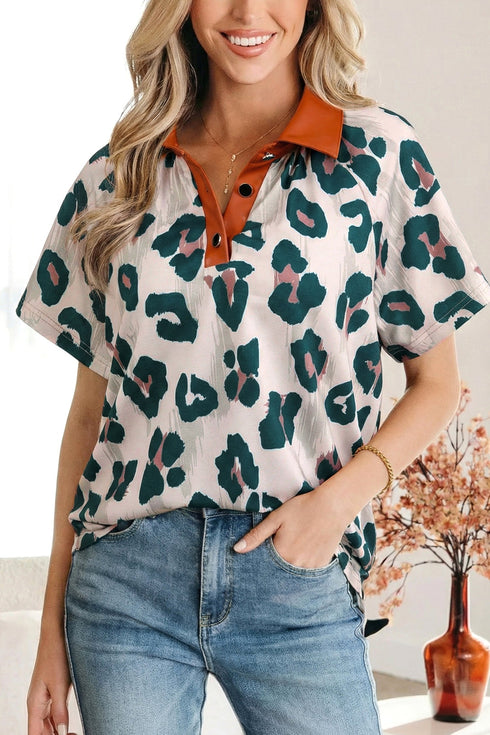 Western Leopard Print Contrast Collar Short Sleeve Blouse