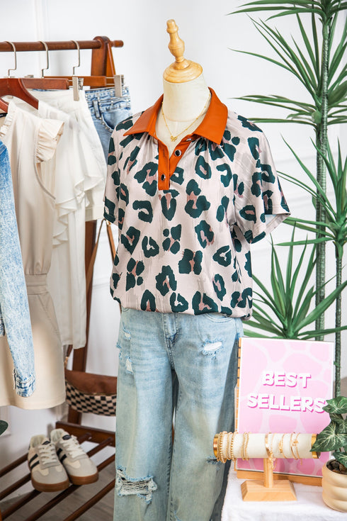 Western Leopard Print Contrast Collar Short Sleeve Blouse