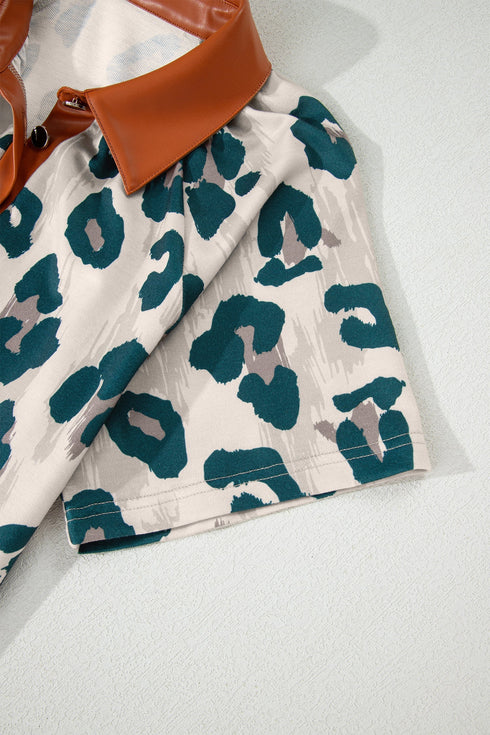 Western Leopard Print Contrast Collar Short Sleeve Blouse