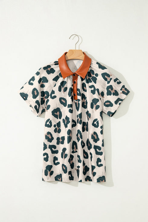 Western Leopard Print Contrast Collar Short Sleeve Blouse