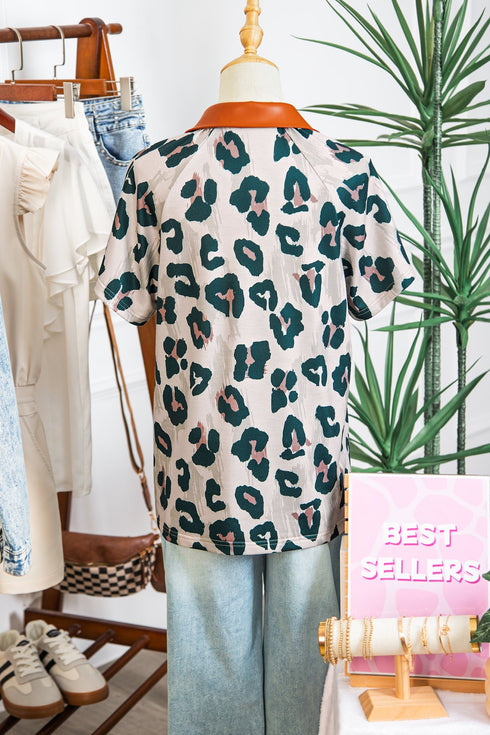 Western Leopard Print Contrast Collar Short Sleeve Blouse