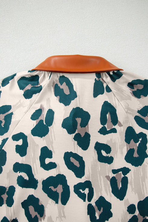 Western Leopard Print Contrast Collar Short Sleeve Blouse