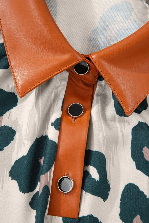 Western Leopard Print Contrast Collar Short Sleeve Blouse