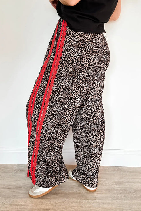 Western Leopard Print Contrast Lace Drawstring Pants