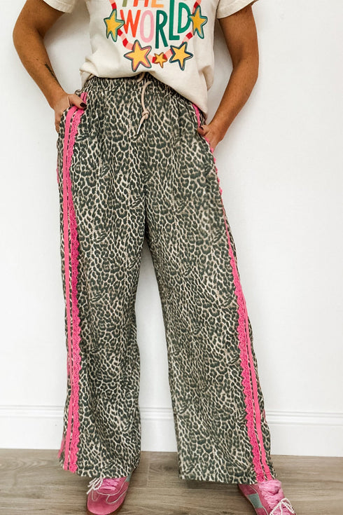 Western Leopard Print Contrast Lace Drawstring Pants