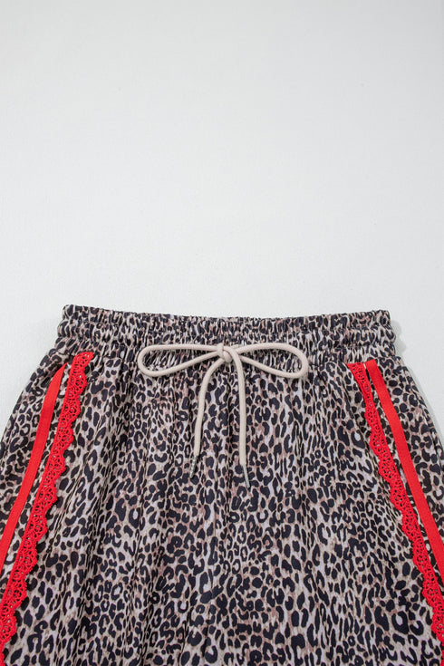 Western Leopard Print Contrast Lace Drawstring Pants