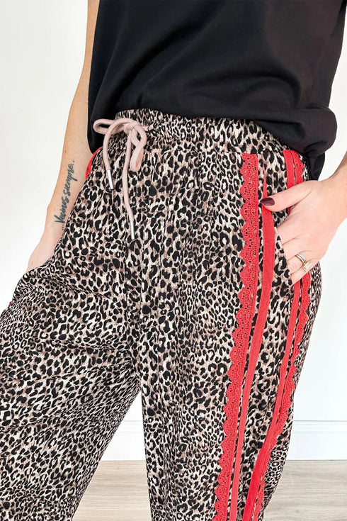 Western Leopard Print Contrast Lace Drawstring Pants