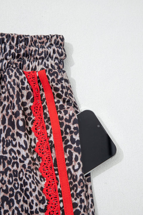 Western Leopard Print Contrast Lace Drawstring Pants