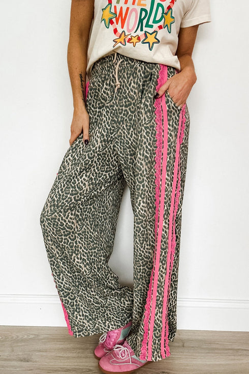 Western Leopard Print Contrast Lace Drawstring Pants