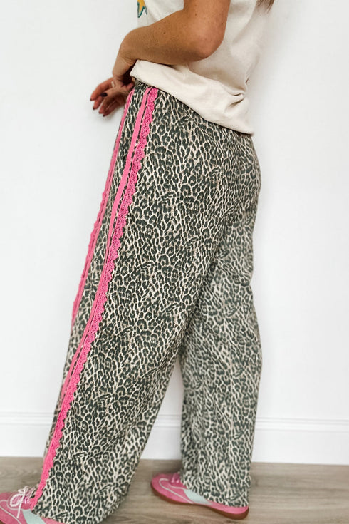 Western Leopard Print Contrast Lace Drawstring Pants