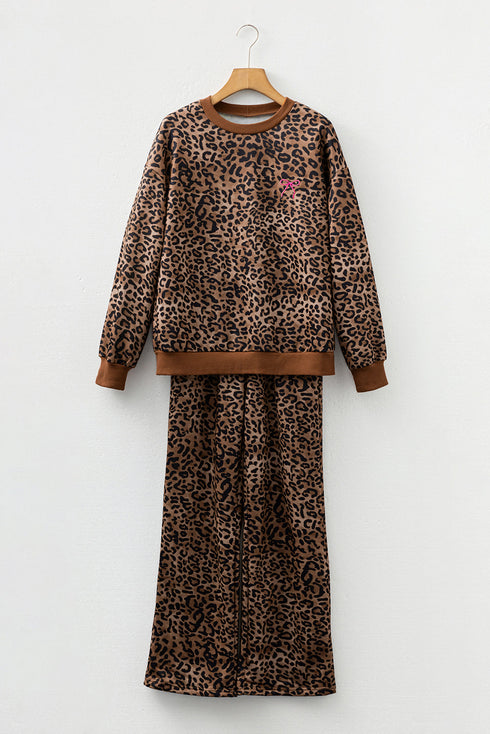 Western Leopard Print Contrast Trim Long Sleeve Pant Set