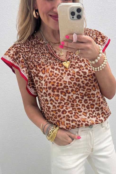 Western Leopard Print Contrast Trim Ruffled Sleeve Blouse