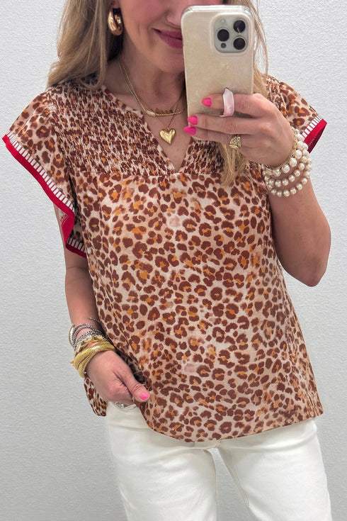 Western Leopard Print Contrast Trim Ruffled Sleeve Blouse
