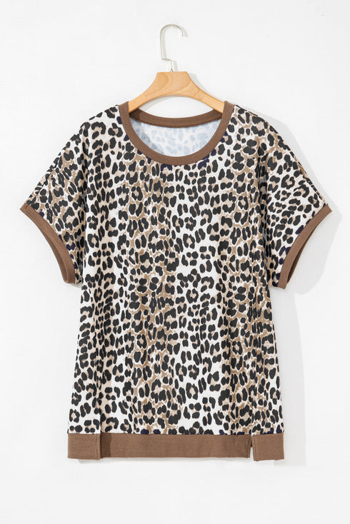 Western Leopard Print Contrast Trim Short Sleeve Loose Top
