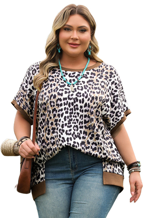 Western Leopard Print Contrast Trim Short Sleeve Loose Top
