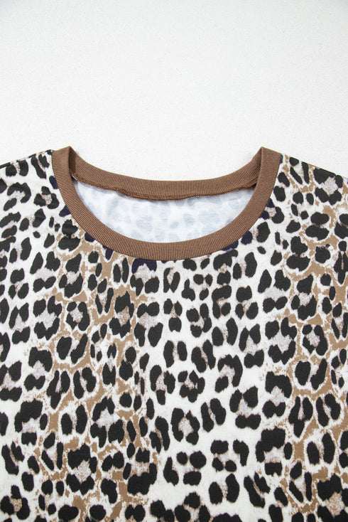 Western Leopard Print Contrast Trim Short Sleeve Loose Top