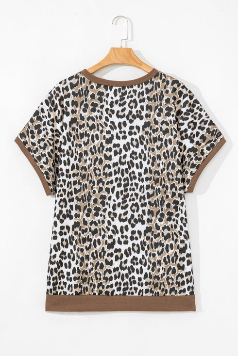 Western Leopard Print Contrast Trim Short Sleeve Loose Top